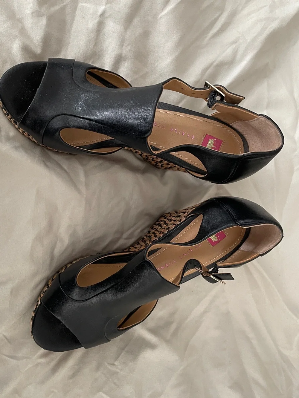 Elaine Turner Julia wedges in black leather with an optic basket weave pattern